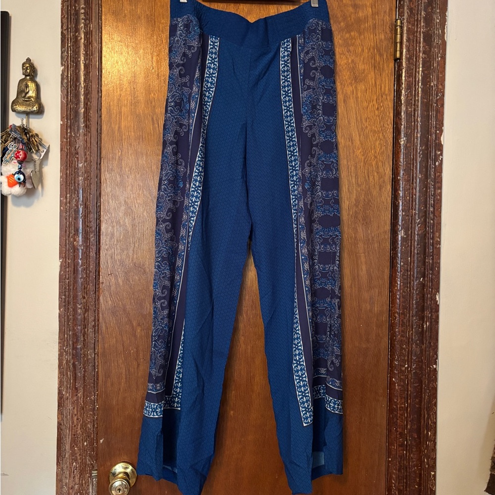 Cache Navy Blue Wide-Leg Boho Print Pants